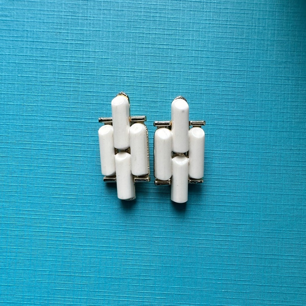 Vintage Signed Coro White Enamel Cylindrical Bar Clip-On Earrings
